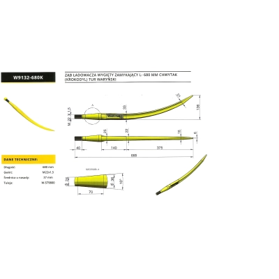 Ząb ładowacza wygięty zamykający (krokodyl) l-680mm waryński w9132-680k