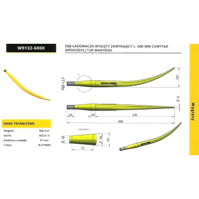 Ząb ładowacza wygięty zamykający (krokodyl) l-600mm waryński w9132-600k