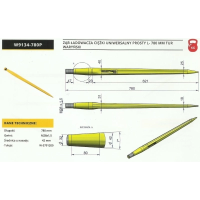 Ząb ładowacza ciężki uniwersalny prosty L- 780 mm WARYŃSKI W9134-780P