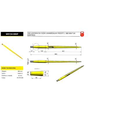 Ząb ładowacza ciężki uniwersalny prosty L- 880 mm Tur WARYŃSKI w9134-880p