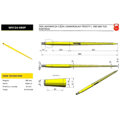 Ząb ładowacza ciężki uniwersalny prosty L- 980 mm Tur  WARYŃSKI W9134-980P