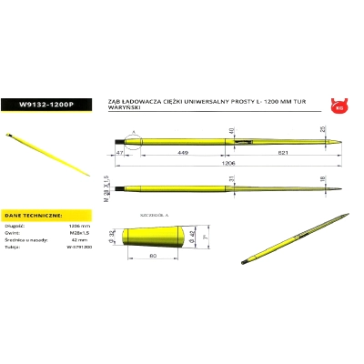Ząb ładowacza ciężki uniwersalny prosty L- 1200 mm Tur WARYŃSKI 9132-1200p