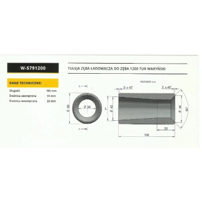 Tuleja zęba ładowacza do zęba 1200 Tur Waryński w-5791200