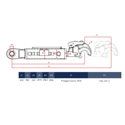 Łącznik centralny górny hydrauliczny kat.2-2, 650-960mm